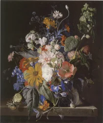 Nature morte de fleurs et escargots sur un rebord de pierre