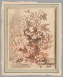 Fleurs dans une urne décorée de Putti, sur un socle