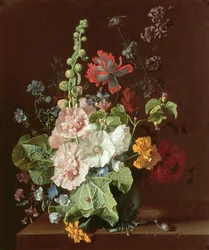 Rose trémière et autres fleurs dans un vase, 1702-20