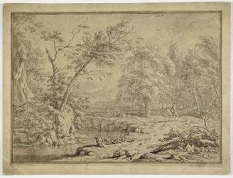 Paysage avec bergers près de la rivière et homme à cheval