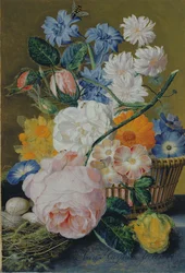 Roses, gloire du matin, narcisses, asters et autres fleurs dans un panier, avec des œufs dans un nid sur un rebord de marbre, 1744