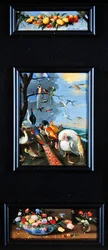 Nature morte - guirlande de fruits, divers oiseaux, bouquets