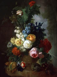 Nature morte de roses et delphiniums. Peinture de Jan van Os (1744-1808). Collection privee.