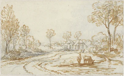 Paysage avec bergers et bétail, avec deux maisons en arrière-plan