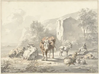 Paysage avec bétail et ruine