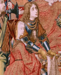 Tapisserie flamande. Série Épisodes de la vie de la Vierge. Les prophéties se réalisent à la naissance du Christ. Premier tapis de la série. Modèles attribués à Jan von Roome