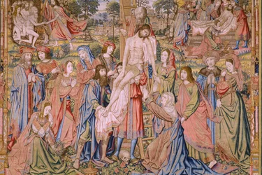 Tapisserie flamande. Série La passion du Christ : Descente de croix. Manufacture Pieter van Aelst. Dessinateur Jan van Roome. Vers 1507-1520. (détail)