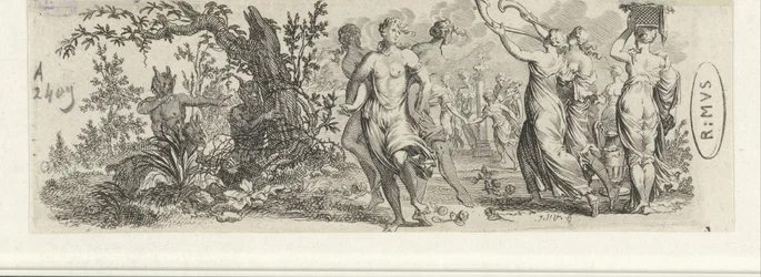 Nymphes dansant espionnées par des satyres