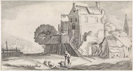 Trois figures conversant près d