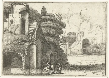 Cheval buvant près de ruines