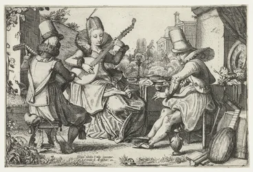 Compagnie élégante jouant de la musique dans un jardin
