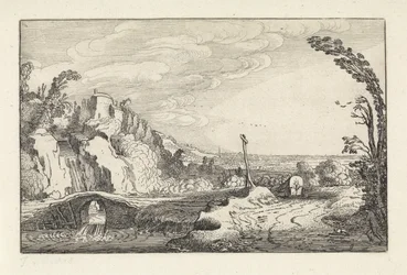 Chariot couvert sur un chemin dans un paysage fluvial montagneux (Landschappen, Amenissimae aliquot requculae)
