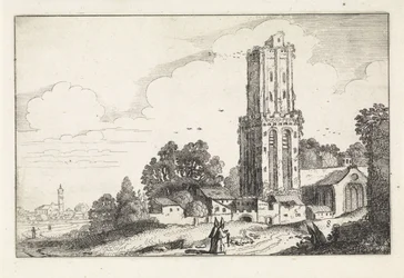 Paysage avec un clocher en ruine