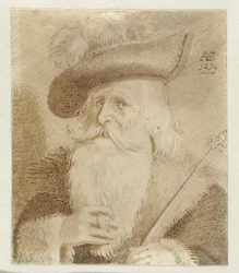 Homme avec col en fourrure, chapeau et bâton