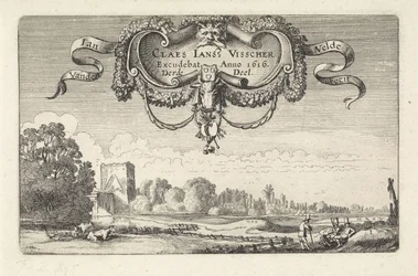 Figures reposant dans un paysage avec des vaches et une tour