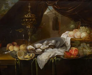 Nature morte avec coupe en or, verrerie Façon de Venise, fruits et huîtres
