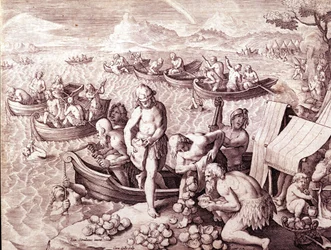 Pêche aux huîtres. 17ème siècle. Gravure de Giovanni Stradano (Jan Van Der Straet) (Johannes Stradanus) (1523-1605)