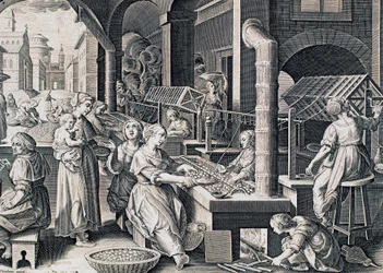 Vermis sericus, femmes filant la soie et chauffant des vers à soie sur le feu, gravure de Stradanus (1523-1605), Italie