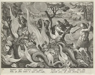 Capture de serpents en Inde utilisant des bâtons et des torches pour éclairer la broussaille, planche 44 de Venationes Ferarum, Avium, Piscium (De la chasse: bêtes sauvages, oiseaux, poissons) pub. 1640