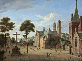 Vue de Cologne avec les tours de St. Pantaleon et une version imaginaire de la nef de la Martinikerk à Emmerik