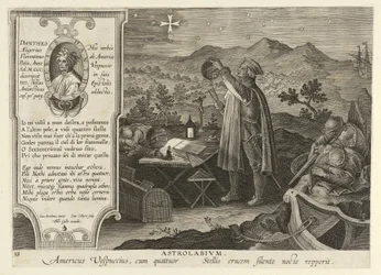 Amerigo Vespucci découvrant la Croix du Sud avec un astrolabe, pub. 1600