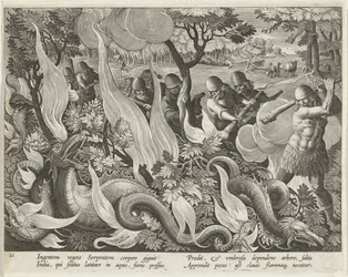 Capture de serpents en Inde utilisant des bâtons et des torches pour éclairer les sous-bois, gravure publiée en 1640