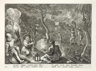 Chasseurs attrapant des oiseaux la nuit, illustration de 