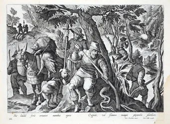Les chasseurs utilisent des lances ou des fusils chargés de plomb pour chasser le sanglier des montagnes, illustration de 
