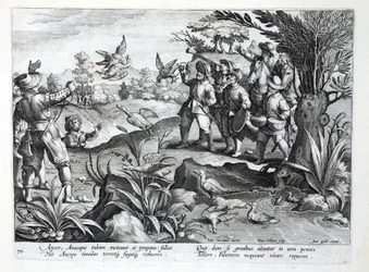 Chasseurs utilisant des faucons pour chasser les oies, illustration de 