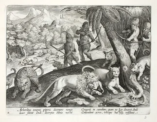 Les Indiens tirent des flèches sur des lions qui ont capturé des singes dans leur bouche, illustration de 