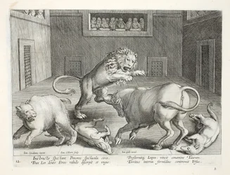 Des nobles regardent le combat de bêtes sauvages dans un cirque intérieur, illustration de 