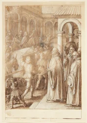 Histoire de S. Giovanni Alberti Fiorentino. Le saint accuse les évêques de Florence de simonie sur la place publique