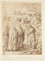 Histoire de S. Giovanni Alberti Fiorentino. Le saint et le moine accompagnateur donnent leur dernier pain à un mendiant