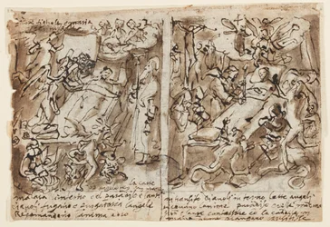 Page de carnet de croquis ; Pouvoirs célestes aidant les pieux ; Croquis pour portrait de saint ; Décoration de fronton