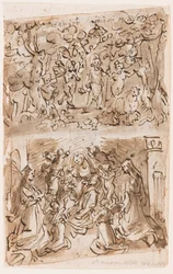 Recto, en haut : Jeune Saint Jean-Baptiste guidé par des Anges dans le Désert; Recto, en bas : Sacra Conversazione avec les Saintes Barbara et Catherine; Verso, en haut : Crucifixion; Verso, en bas : Christ guérissant des paralytiques près de la piscine de