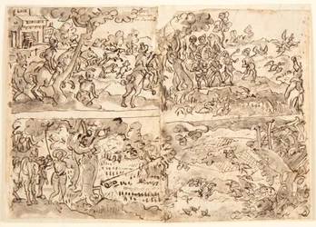 Page de carnet de croquis avec quatre scènes de chasse