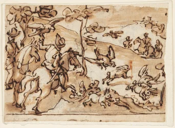 Page de carnet de croquis avec chasse au lièvre et faucons