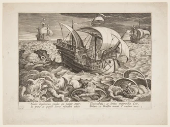 Trois navires entourés de monstres