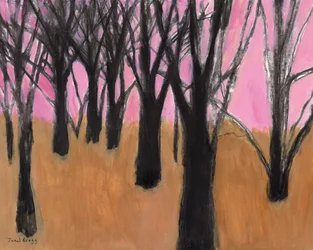 Paysage avec des arbres noirs et un ciel rose, 2023