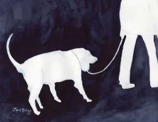 Homme promenant son chien dans Indigo II, c. 2018 (aquarelle et crayon sur papier)
