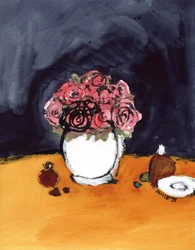 Nature morte avec roses et flacons de parfum, vers 2020