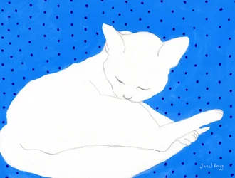 Chat blanc sur bleu à pois, c.2024