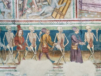 Église fortifiée de Hrastovlje, Église de la Trinité, La Mort accompagnant un marchand et un riche banquier, Danse macabre (1490), détail des fresques de Janez Iz Kastva, Slovénie
