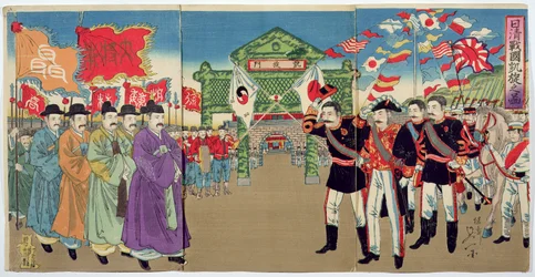 Une rencontre entre des officiers japonais et des fonctionnaires coréens, un épisode de la guerre sino-japonaise, fin du 19e siècle