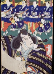Acteurs, narrateurs et joueurs de shamisen, scène de théâtre Kabuki