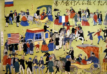Visiteurs américains, néerlandais et français arrivant à Yokohama au Japon, vers 1860