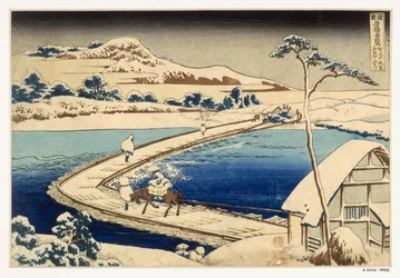 Pont de bateaux à Sawa, 1830, Hokusai Katsushika