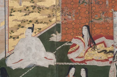 (détail) Printemps au Palais, paravent à six panneaux du Conte de Genji, c.1650