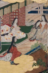 (détail) Printemps au Palais, paravent à six panneaux du Conte de Genji, c.1650