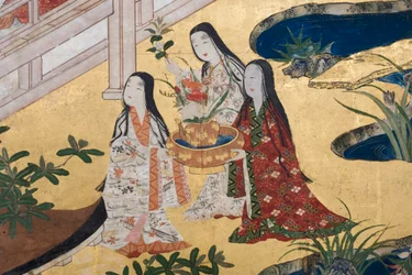 (détail) Printemps au Palais, paravent à six panneaux du Conte de Genji, c.1650